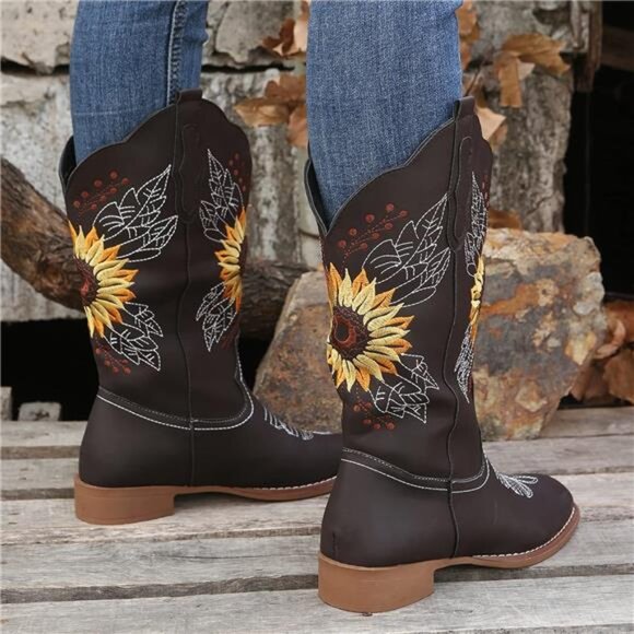 NEW Women's Sunflower Cowgirl Boots, Square Toe Western Embroidery Mid Calf - Picture 2 of 7